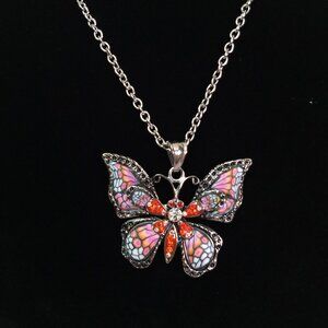 Butterfly Silver Tone Matte Clay Inset Design Red Rhinestone Inlay Necklace